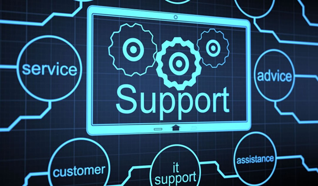 An image of a laptop screen featuring a support concept, representing online help and customer service solutions