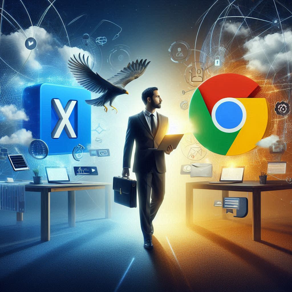 Image showing Microsoft exchange and google workspace with businessman in middle.