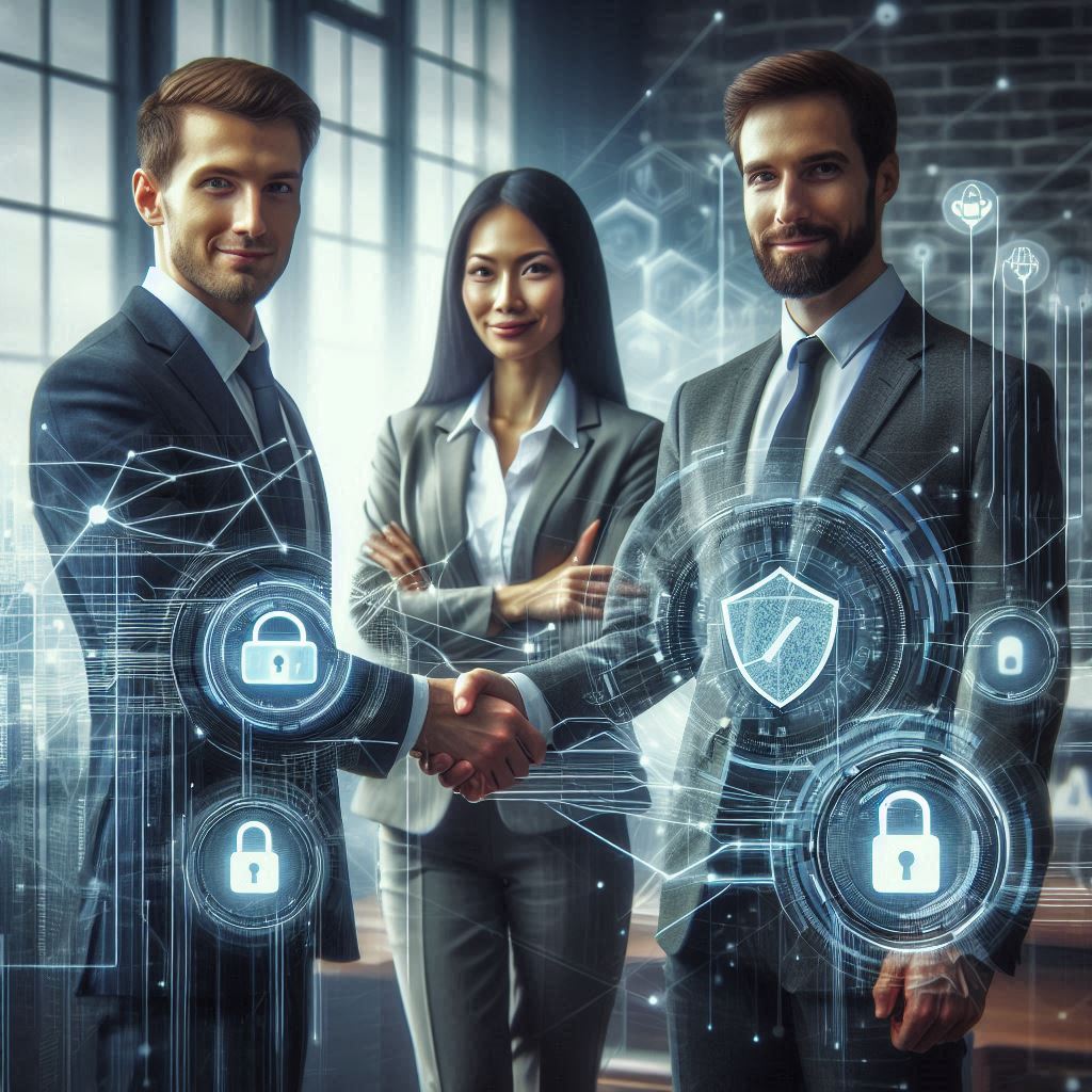 Two diverse business professionals standing in a modern office, shaking hands confidently, with a subtle network and security background symbolizing secure and efficient IT solutions through a trusted MSP.
