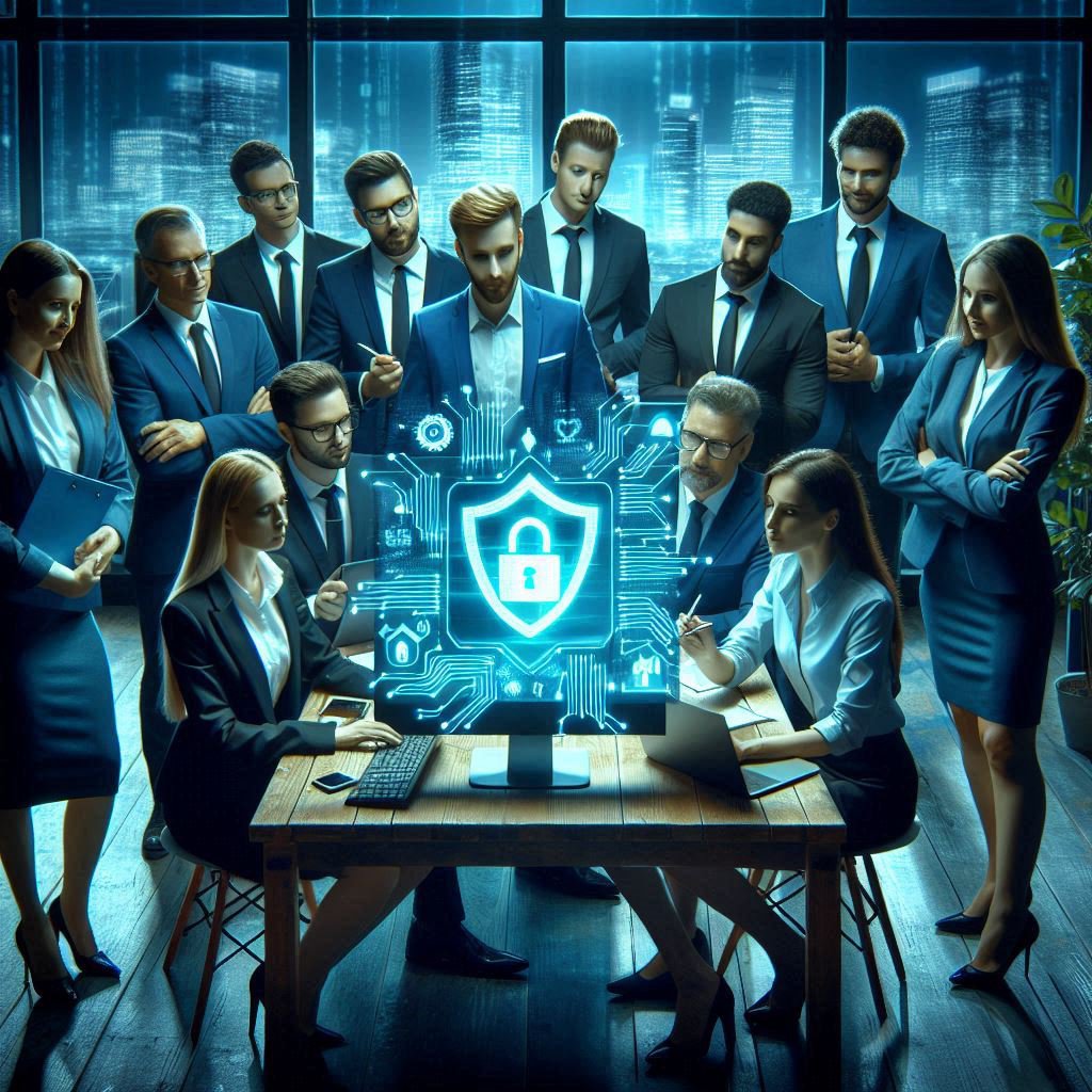 Business professionals around a table with a digital display showing a padlock and shield, representing cybersecurity.