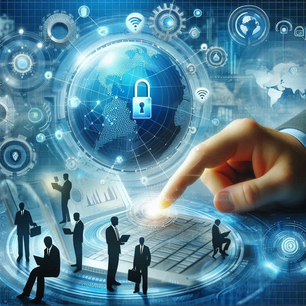 Business team utilizing a laptop, highlighted by a padlock and business icons, representing secure collaboration and strategy